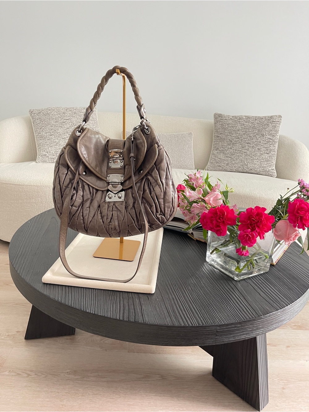 Miu Miu Vintage Matelassé Coffer Satchel Bag Taupe Mushroom Leather $1,695